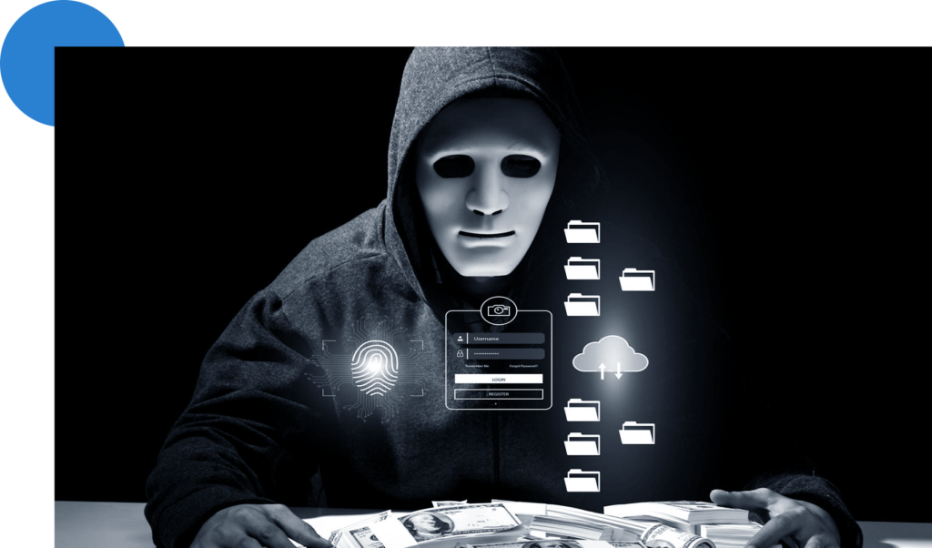 Masked hooded hacker sitting in front of a pile of cash with a hologram projection of a login prompt and file folders in the cloud