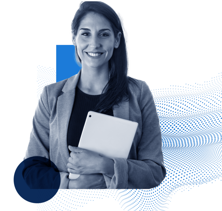 woman smiling looking forward holding presentation materials and a tablet