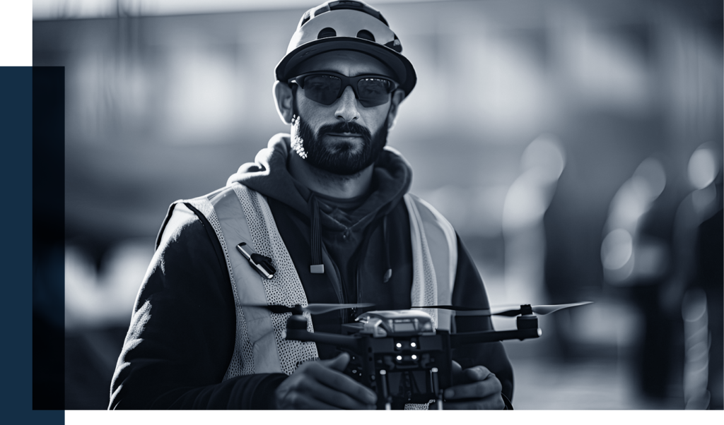 Drone operator in field holding UAV while looking out